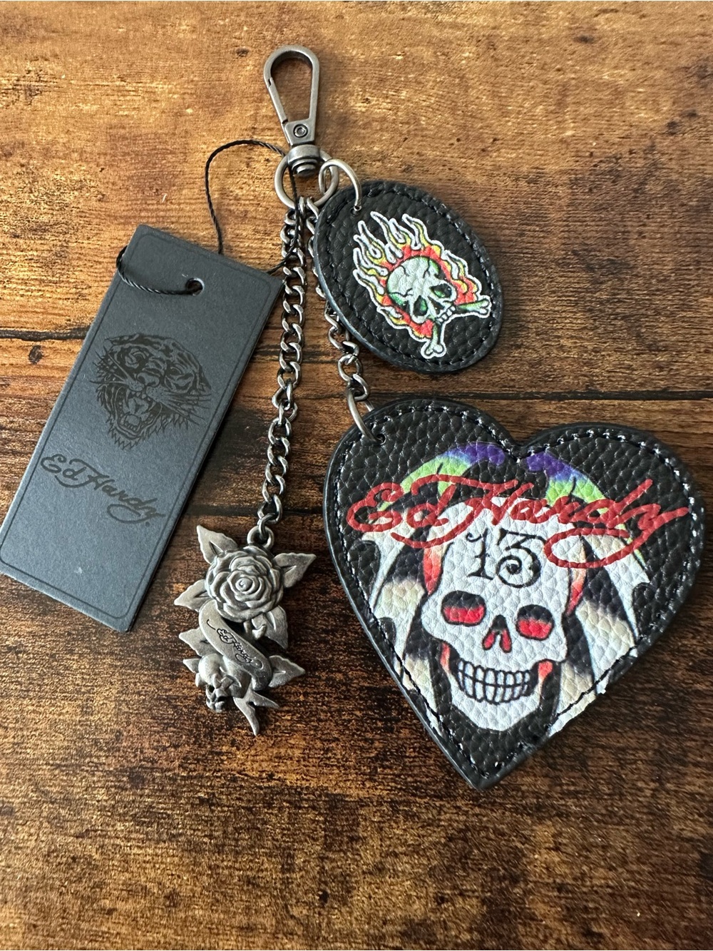 Ed Hardy Black Skull Keychain Bag Charm w/ Faux Leather Heart Metal Flower NWT - Picture 1 of 4
